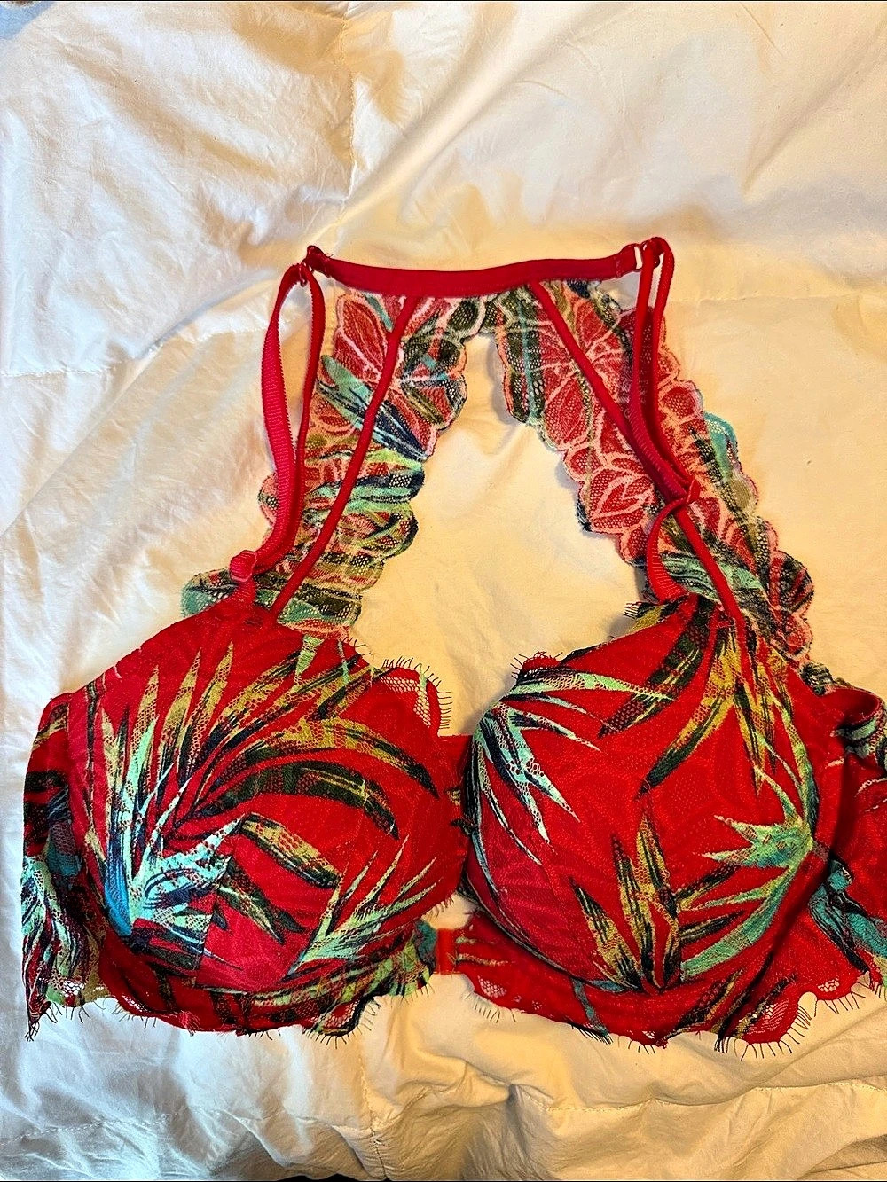 Victoria’s Secret Pink Floral Lace Underwire Bra in Red & Blue Tropical 36C NWT